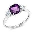 thumbnail image 1 of Gem Stone King 10K White Gold Purple Amethyst and White Moissanite 3-Stone Engagement Ring for Women (1.86 Cttw, 7MM Cushion Checkerboard and 4MM Trillion, Size 9), 1 of 6