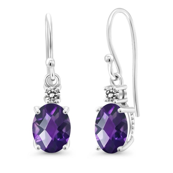 Gem Stone King 10K White Gold Purple Amethyst and White Diamond Dangle Earrings for Women (2.13 Cttw, Gemstone Birthstone, Oval 8x6mm)