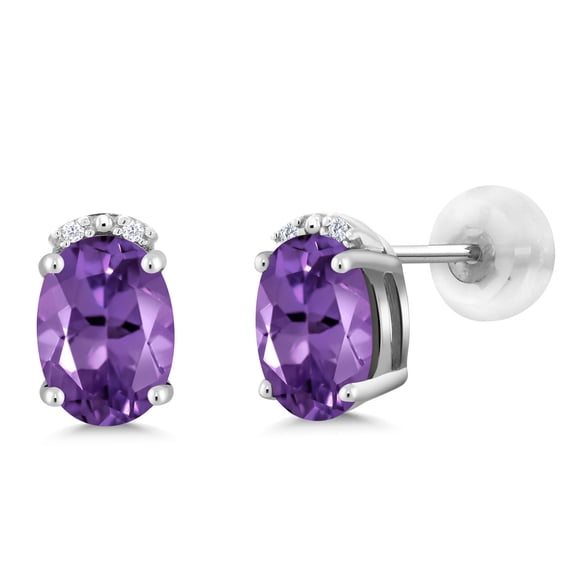 Gem Stone King 10K White Gold Purple Amethyst and White Diamond Earrings for Women (1.53 Cttw, Gemstone February Birthstone, Oval 7X5MM)