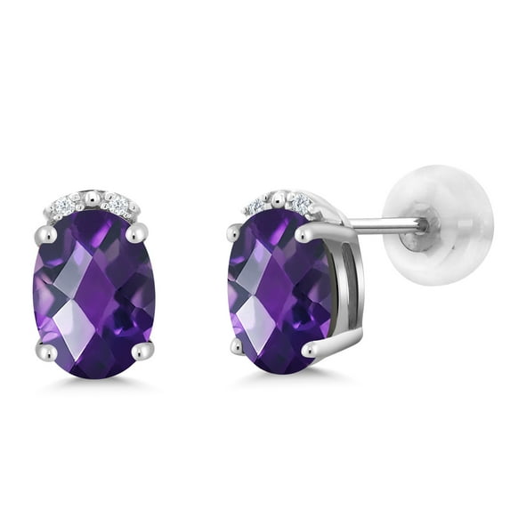 Gem Stone King 10K White Gold Purple Amethyst and White Diamond Earrings for Women (1.53 Cttw, Gemstone February Birthstone, Oval Checkerboard 7X5MM)