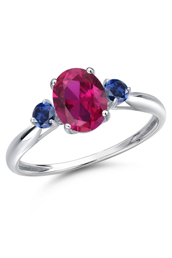 10K White Gold Red Created Ruby and Blue Created Sapphire 3-Stone Ring for Women | 1.63 Cttw | Oval 8X6MM | Gemstone July Birthstone | Size 7