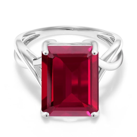 Gem Stone King 10K White Gold Red Created Ruby Engagement Ring for Women | 8.00 Cttw | Emerald Cut 14X10MM | Gemstone July Birthstone | Size 9