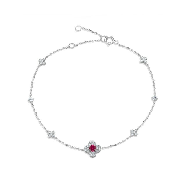 Gem Stone King 10K White Gold Red Created Ruby and White Lab Grown Diamond Four Leaf Clover Bracelet for Women | 0.34 Cttw | Round 3MM | 7 inch + 2 inch Extender