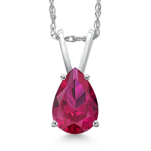 Gem Stone King 10K White Gold Red Created Ruby Pendant Necklace for Women | 2.21 Cttw | Gemstone July Birthstone | Pear Shape 10X7MM | With 18 inch Chain