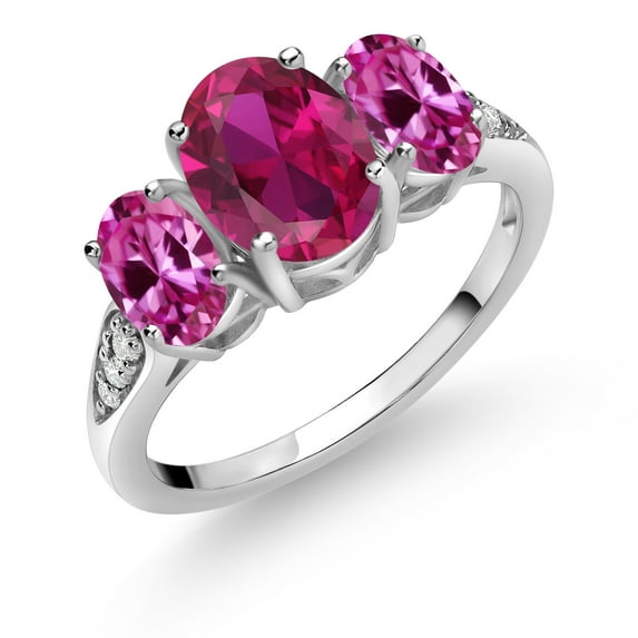 Gem Stone King 10K White Gold Red Created Ruby Pink Created Sapphire and White Lab Grown Diamond 3 Stone Engagement Ring for Women (2.39 Cttw, Gemstone Birthstone, Available in Size 5, 6, 7, 8, 9)