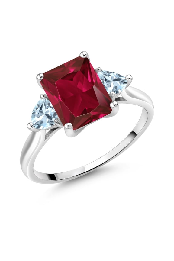10K White Gold Red Created Ruby and Sky Blue Aquamarine 3 Stone Engagement Ring for Women (3.21 Cttw, Emerald Cut 9X7MM, Gemstone July Birthstone, Size 9)