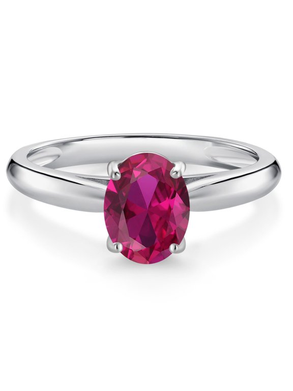 10K White Gold Red Created Ruby Solitaire Engagement Ring for Women (1.35 Cttw, Oval 8X6MM, Gemstone July Birthstone, Available in Size 5, 6, 7, 8, 9)