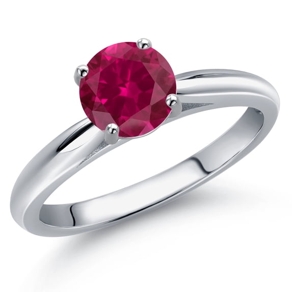 Gem Stone King 10K White Gold Red Created Ruby Solitaire Engagement Ring for Women | 1.00 Cttw | Round 6MM | Gemstone July Birthstone | Size 5