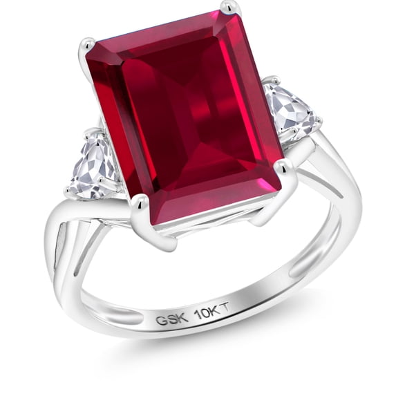 Gem Stone King 10K White Gold Red Created Ruby and White Created Sapphire 3 Stone Engagement Ring for Women (5.64 Cttw, Emerald Cut 14X10MM, Trillion 4MM, Size 5)