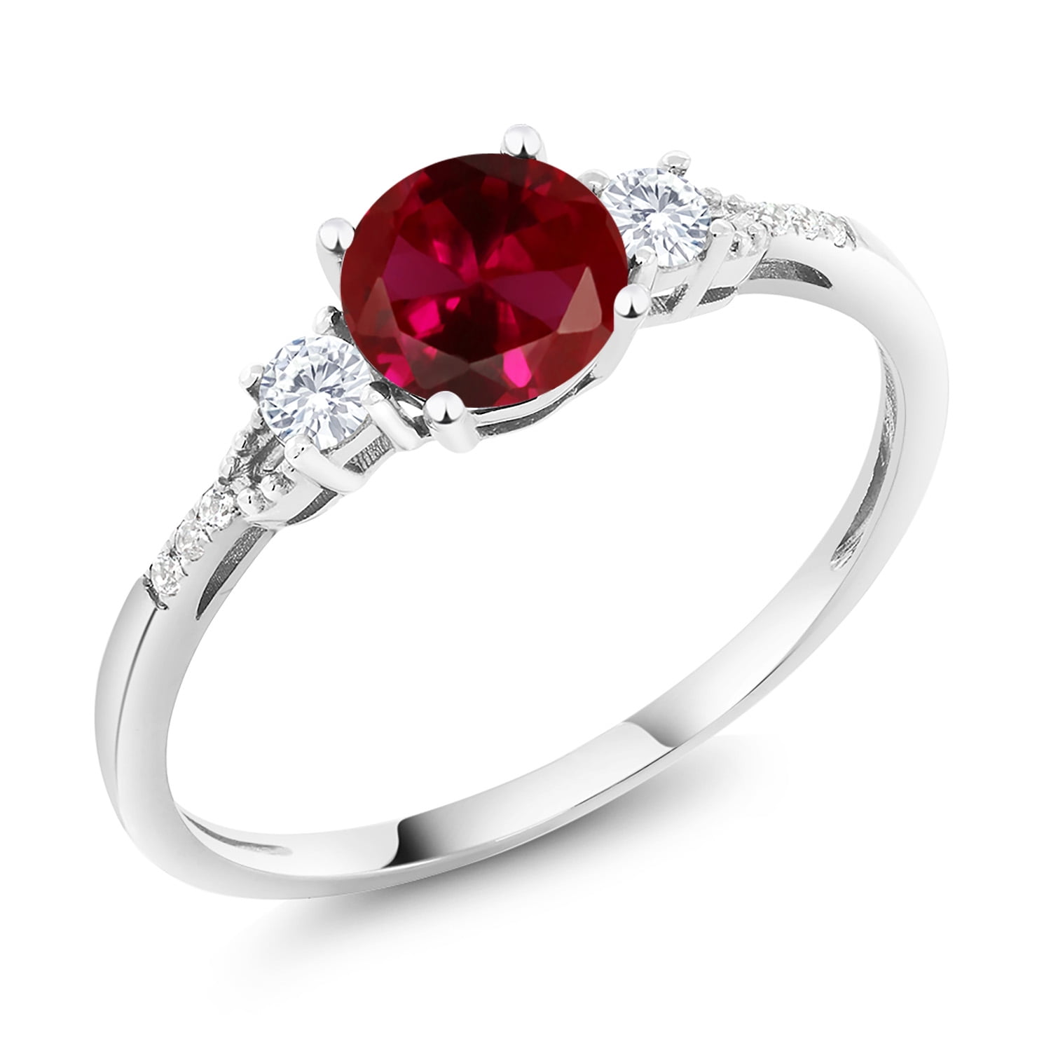 Gem Stone King 10K White Gold Red Created Ruby White Created Sapphire and White Diamond Accent 3-Stone Engagement Ring for Women (1.14 Cttw, Round 6MM, Gemstone July Birthstone, Size 6.5)