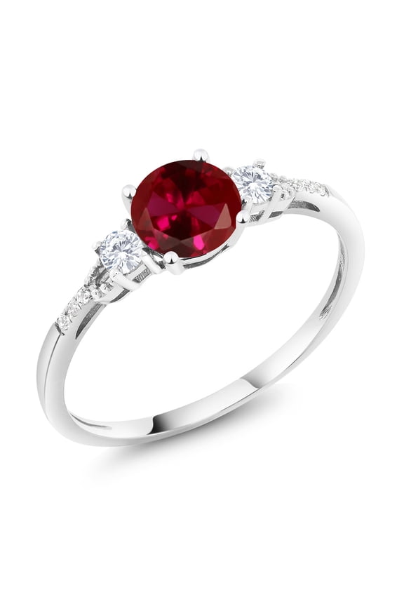 10K White Gold Red Created Ruby White Created Sapphire and White Diamond Accent 3-Stone Engagement Ring for Women (1.15 Cttw, Round 6MM, Gemstone July Birthstone, Size 9.5)