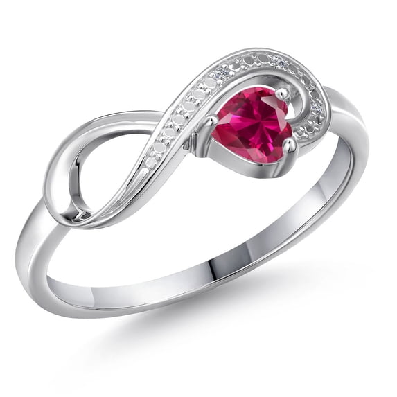 Gem Stone King 10K White Gold Red Created Ruby and White Diamond Accent Infinity Ring for Women (0.31 Cttw, Heart Shape 4MM, Gemstone July Birthstone, Size 9)