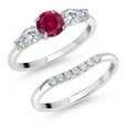 thumbnail image 1 of Gem Stone King 10K White Gold Red Created Ruby and White Lab Grown Diamond 5 Stone Bridal Engagement Wedding Ring Set for Women (0.91 Cttw, Round: 5MM and 3MM, Size 6), 1 of 6