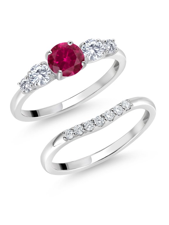 10K White Gold Red Created Ruby and White Lab Grown Diamond 5 Stone Bridal Engagement Wedding Ring Set for Women (0.91 Cttw, Round: 5MM and 3MM, Size 8)