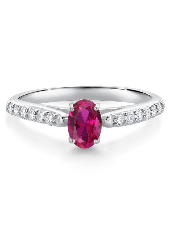 10K White Gold Red Created Ruby and White Lab Grown Diamond Engagement Ring for Women (0.68 Cttw, Oval 6X4MM, Gemstone July Birthstone, Size 5)