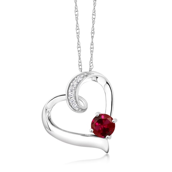 Gem Stone King 10K White Gold Red Created Ruby and White Lab Grown Diamond Heart Pendant Necklace for Women (1.03 Cttw, Round 5MM, with 18 inch Chain)