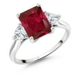 thumbnail image 1 of Gem Stone King 10K White Gold Red Created Ruby and White Moissanite 3-Stone Engagement Ring | 3.26 Cttw | Emerald Cut 9X7MM | Three Stone Wedding Anniversary Promise Ring for Women, 1 of 4