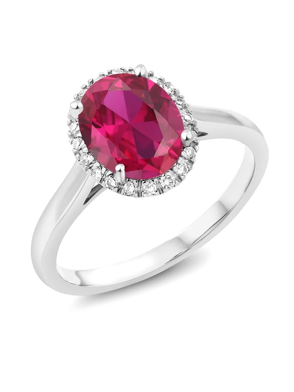 10K White Gold Red Created Ruby and Diamond Engagement Ring for Women (2.00 Cttw, Oval Cut 9X7MM)