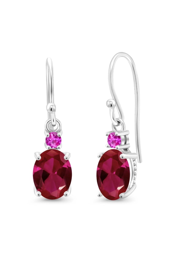 10K White Gold Red Created Ruby and Pink Sapphire Dangle Earrings for Women (2.46 Cttw, Gemstone Birthstone, Oval 8x6mm)