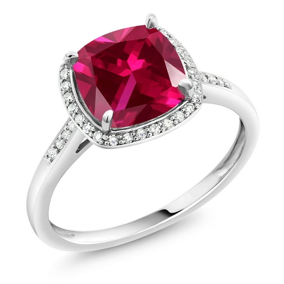 Gem Stone King 10K White Gold Red Created Ruby and White Diamond Women's Engagement Ring (2.75 Cttw, Cushion 8MM, Available in Size 5, 6, 7, 8, 9)
