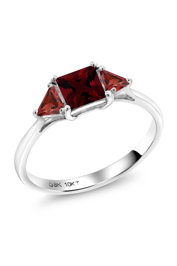 10K White Gold Red Garnet 3 Stone Engagement Ring for Women (1.32 Cttw, Gemstone January Birthstone, Princess Center 5MM, Trillion 3.5MM, Size 7)