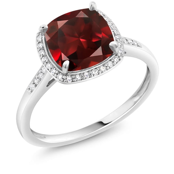 Gem Stone King 10K White Gold Red Garnet and Accent Diamond Engagement Ring for Women | 2.74 Cttw | Cushion Cut 8MM | Gemstone Birthstone | Size 5,6,7,8,9