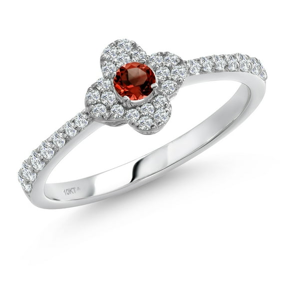 Gem Stone King 10K White Gold Red Garnet Clover Flower Engagement Ring for Women | 0.27 Cttw | Round 2.5MM | Gemstone January Birthstone | Size 9