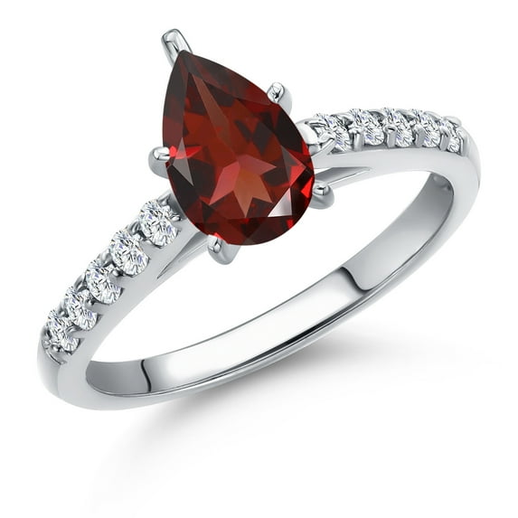 Gem Stone King 10K White Gold Red Garnet and E - F Lab Grown Diamond Engagement Ring for Women | 1.62 Cttw | Pear Shape 9X6MM | Gemstone January Birthstone | Size 6