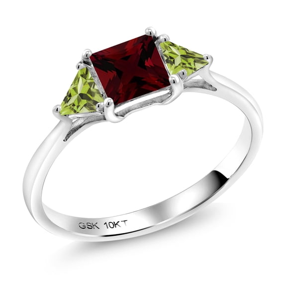 Gem Stone King 10K White Gold Red Garnet and Green Peridot 3 Stone Engagement Ring for Women (1.28 Cttw, Gemstone January Birthstone, Princess Center 5MM, Trillion 3.5MM, Size 8)