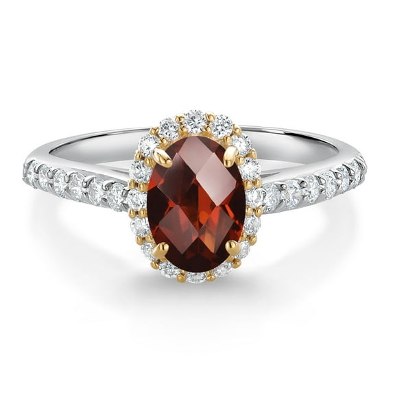 Gem Stone King 10K White Gold Red Garnet Lab Grown Diamond Halo Engagement Ring for Women (1.31 Cttw, Oval Checkerboard 7X5MM, Gemstone January Birthstone, Size 9)