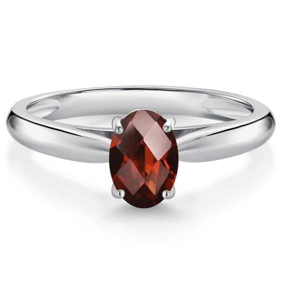 Gem Stone King 10K White Gold Red Garnet Solitaire Engagement Ring for Women (1.00 Cttw, Oval Checkerboard 7X5MM, Gemstone January Birthstone, Size 7)