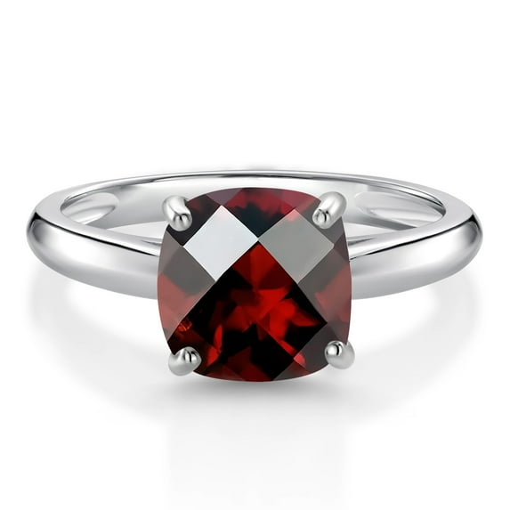 Gem Stone King 10K White Gold Red Garnet Solitaire Engagement Ring for Women (2.50 Cttw, Cushion Checkerboard 8MM, Gemstone January Birthstone, Available in Size 5, 6, 7, 8, 9)
