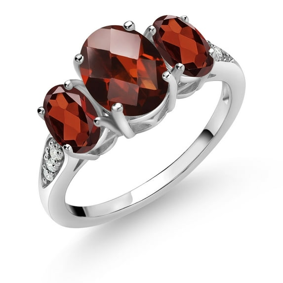 Gem Stone King 10K White Gold Red Garnet and White Lab Grown Diamond 3 Stone Engagement Ring for Women (2.72 Cttw, Gemstone Birthstone, Available in Size 5, 6, 7, 8, 9)