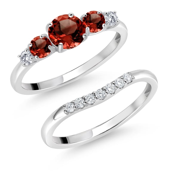 Gem Stone King 10K White Gold Red Garnet and White Lab Grown Diamond 5 Stone Bridal Engagement Wedding Ring Set for Women (1.41 Cttw, Round: 5MM and 3MM, Size 5)