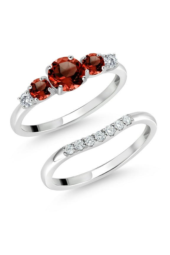 10K White Gold Red Garnet and White Lab Grown Diamond 5 Stone Bridal Engagement Wedding Ring Set for Women (1.41 Cttw, Round: 5MM and 3MM, Size 6)