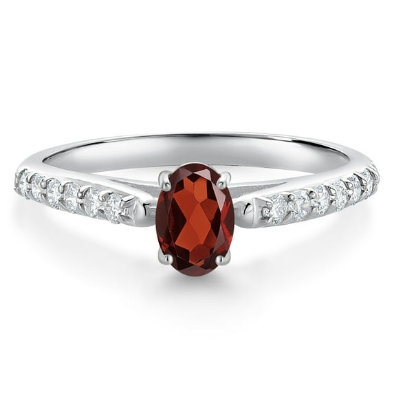 Gem Stone King 10K White Gold Red Garnet and White Lab Grown Diamond Engagement Ring for Women (0.75 Cttw, Oval 6X4MM, Gemstone January Birthstone, Size 8)