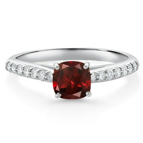 Gem Stone King 10K White Gold Red Garnet and White Lab Grown Diamond Engagement Ring for Women (0.98 Cttw, Cushion 5MM, Gemstone January Birthstone, Available in Size 5, 6, 7, 8, 9)