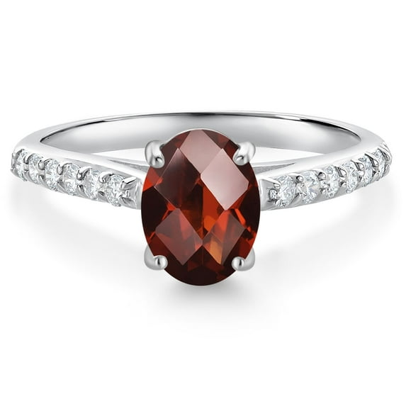 Gem Stone King 10K White Gold Red Garnet and White Lab Grown Diamond Engagement Ring for Women (1.71 Cttw, Oval Checkerboard 8X6MM, Gemstone January Birthstone, Size 7)