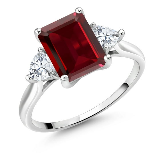 Gem Stone King 10K White Gold Red Garnet and White Moissanite 3 Stone Ring for Women (3.07 Ct, Gemstone Birthstone, Size 10)
