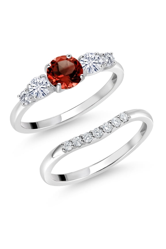 10K White Gold Red Garnet White Moissanite and White Lab Grown Diamond 5 Stone Bridal Engagement Wedding Ring Set for Women (1.31 Cttw, Round: 5MM and 3MM, Size 5)