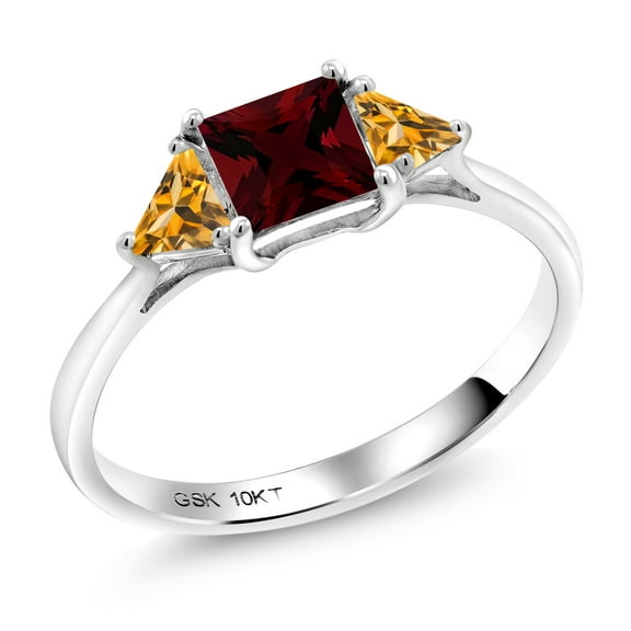 Gem Stone King 10K White Gold Red Garnet and Yellow Citrine 3 Stone Engagement Ring for Women (1.20 Cttw, Gemstone January Birthstone, Princess Center 5MM, Trillion 3.5MM, Size 9)