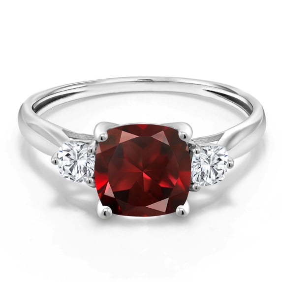 Gem Stone King 10K White Gold Red Garnet and White Moissanite 3 Stone Engagement Ring for Women (2.11 Cttw, Cushion 7MM, Gemstone January Birthstone, Size 7.5)