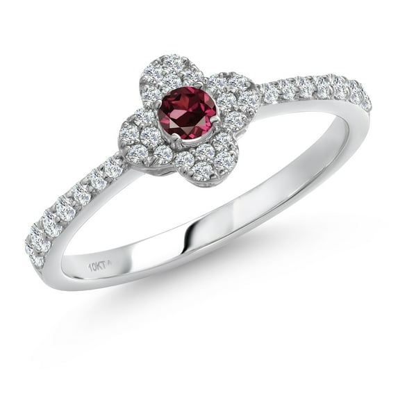 Gem Stone King 10K White Gold Red Rhodolite Garnet Clover Flower Engagement Ring for Women | 0.29 Cttw | Round 2.5MM | Gemstone January Birthstone | Size 8