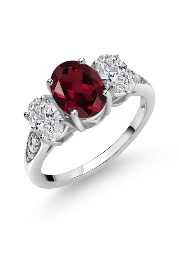 10K White Gold Red Rhodolite Garnet, White Lab Grown Diamond Engagement Ring for Women | 2.19 Cttw | Oval 8X6MM | Gemstone January Birthstone | Size 6