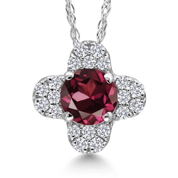 Gem Stone King 10K White Gold Red Rhodolite Garnet and White Lab Grown Diamond Pendant Necklace for Women | 0.45 Cttw | Gemstone January Birthstone | Round 4MM | With 18 inch Chain