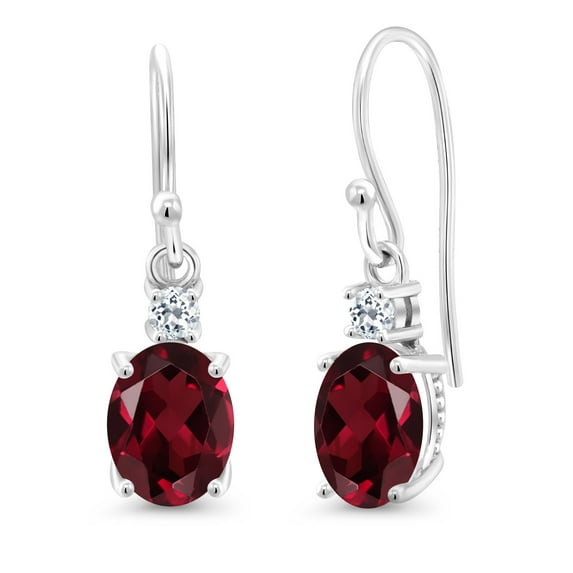 Gem Stone King 10K White Gold Red Rhodolite Garnet and White Topaz Dangle Earrings for Women (2.86 Cttw, Gemstone Birthstone, Oval 8x6mm)