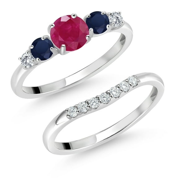 Gem Stone King 10K White Gold Red Ruby Blue Sapphire and White Lab Grown Diamond 5 Stone Bridal Engagement Wedding Ring Set for Women (0.96 Cttw, Round: 5MM and 3MM, Size 6)