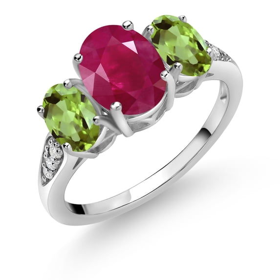 Gem Stone King 10K White Gold Red Ruby Green Peridot and White Lab Grown Diamond 3 Stone Engagement Ring for Women (2.64 Cttw, Gemstone Birthstone, Size 7)