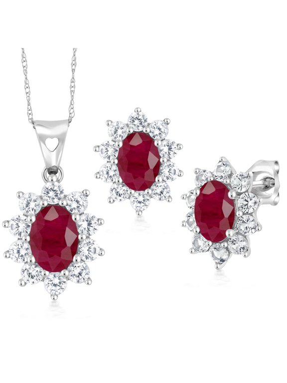 10K White Gold Red Ruby Pendant and Earrings Jewelry Set for Women | 3.42 Cttw | Gemstone Birthstone | Oval 7X5MM and 6X4MM | Fine Jewelry Gifts for Women Mom Wife Her