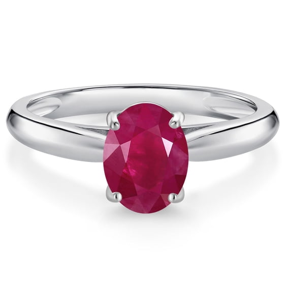 Gem Stone King 10K White Gold Red Ruby Solitaire Engagement Ring for Women (1.60 Cttw, Oval 8X6MM, Gemstone July Birthstone, Available in Size 5, 6, 7, 8, 9)